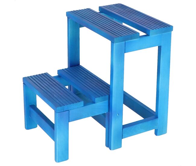 Taburete escalera 2 peldaños fabricado en madera, acabado en azul, 32x23x40 cm
