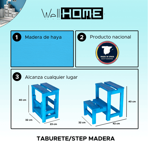 Staircase Stool 2 etapas feitas de madeira, acabamento em azul, 32x23x40 cm
