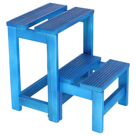 Staircase Stool 2 etapas feitas de madeira, acabamento em azul, 32x23x40 cm