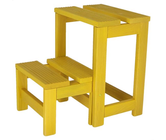 Taburete escalera 2 peldaños fabricado en madera, acabado en amarillo, 32x23x40 cm