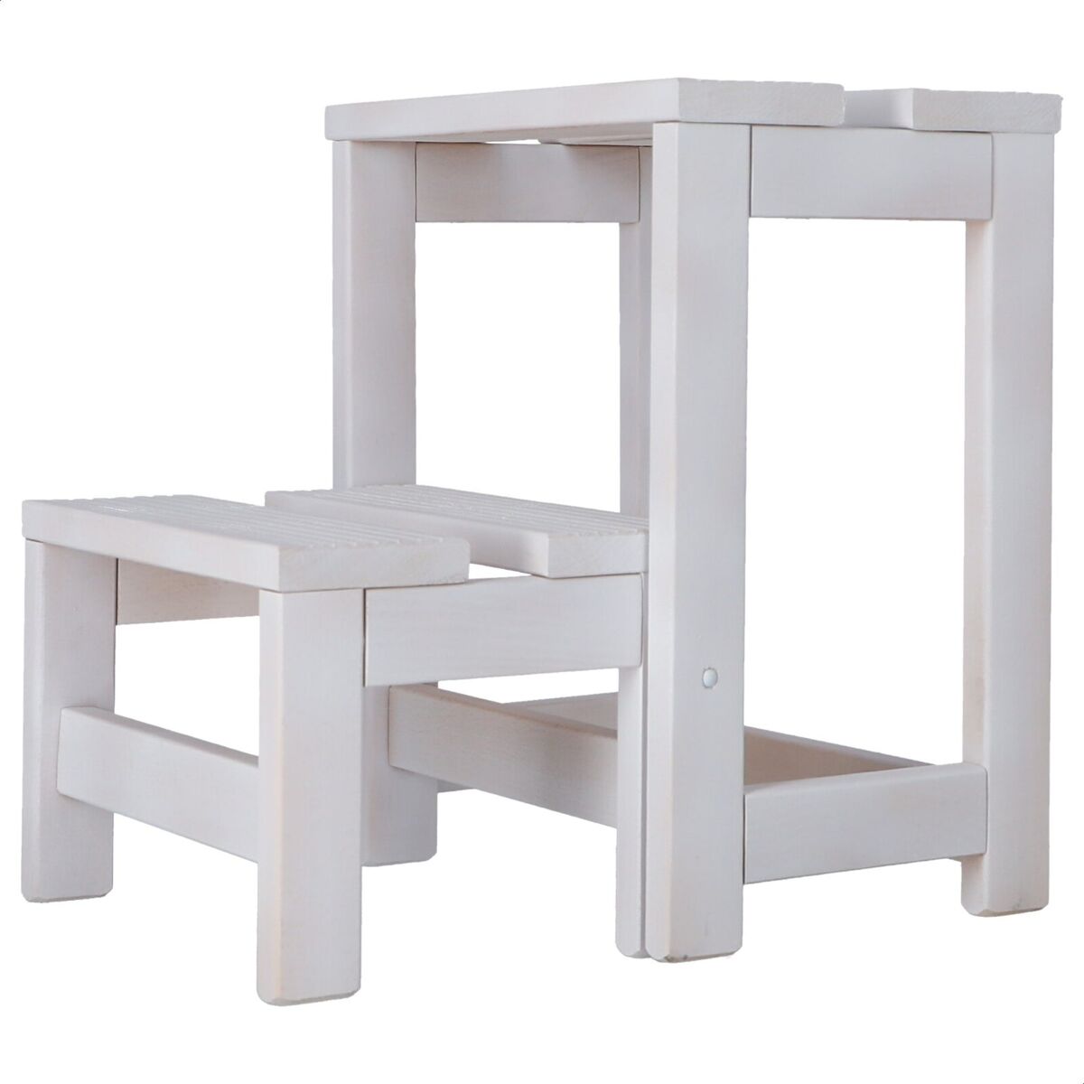 Taburete escalera 2 peldaños fabricado en madera, acabado en blanco, 32x23x40 cm