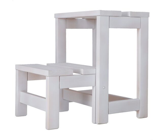 Taburete escalera 2 peldaños fabricado en madera, acabado en blanco, 32x23x40 cm