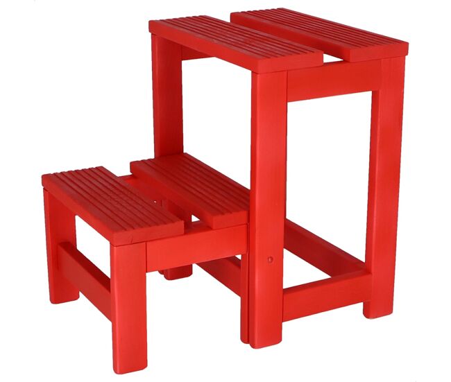 Taburete escalera 2 peldaños fabricado en madera, acabado en rojo, 32x23x40 cm
