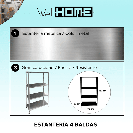 Prateleira de metal com 4 baldas, 70x37x137 cm