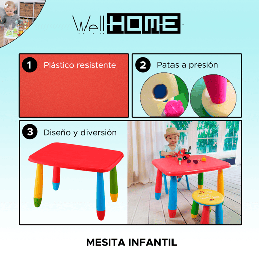 Mesa retangular para crianças vermelha, em plástico, C:73 cm x F:58 cm x A:48 cm