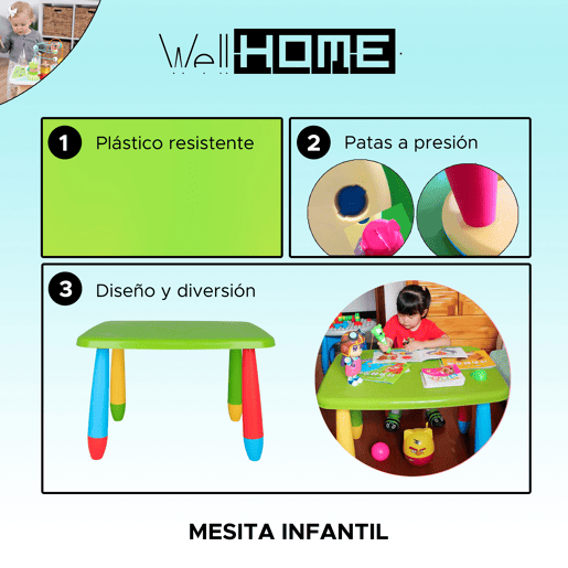 Mesa retangular verde para crianças, de plástico, C:73 cm x F:58 cm x A:48 cm