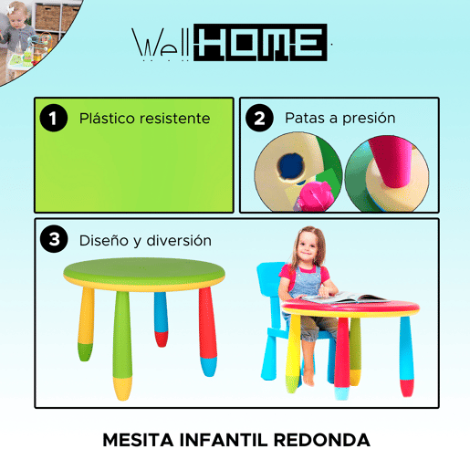 Mesa redonda verde para crianças, em plástico, Ø70 x A.48cm