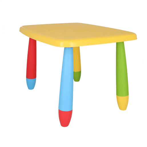 Mesa infantil retangular amarela, em plástico, C:73 cm x F:58 cm x A:48 cm