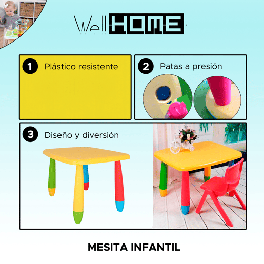 Mesa infantil retangular amarela, em plástico, C:73 cm x F:58 cm x A:48 cm