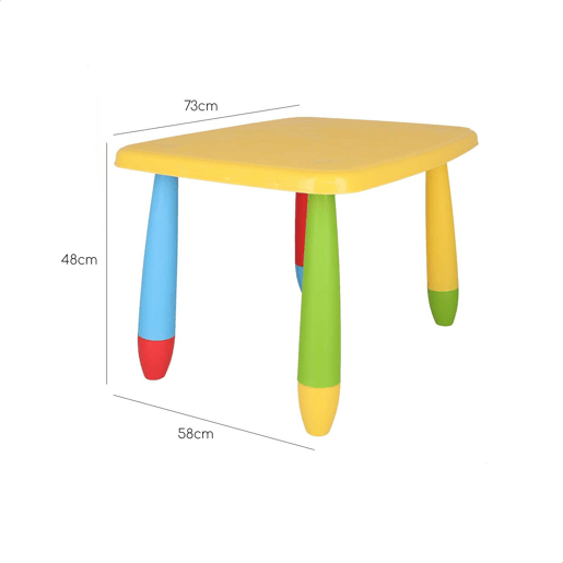 Mesa infantil retangular amarela, em plástico, C:73 cm x F:58 cm x A:48 cm