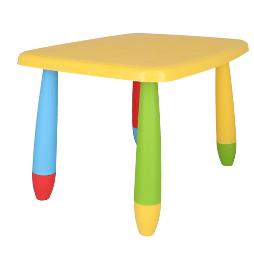 Mesa infantil retangular amarela, em plástico, C:73 cm x F:58 cm x A:48 cm