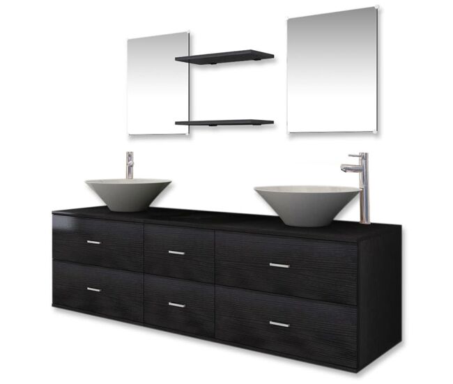 Vidaxl conjunto de muebles de baño con lavabo y grifo 9 piezas negro