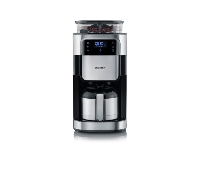 Severin - cafetera de goteo con molinillo para 10 tazas, cafetera de filtro / cafetera americana con jarra de cristal de 1l, pantalla led con temporizador, acero inoxidable / negro, ka 4813