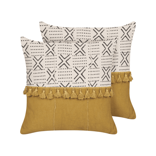 Conjunto de 2 almofadas decorativas WOODI Algodão 45 x 45 cm Amarelo Branco Padrão geométrico