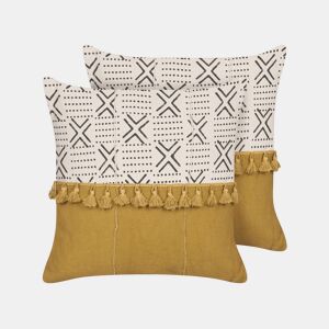 Conjunto de 2 almofadas decorativas WOODI Algodão 45 x 45 cm Amarelo Branco Padrão geométrico