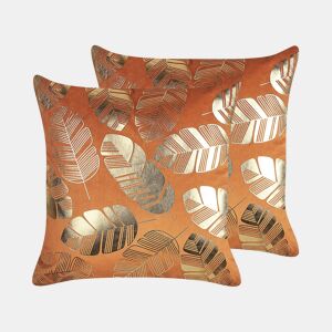 Conjunto de 2 almofadas decorativas SUNFLOWER Veludo 45 x 45 cm Laranja Padrão de plantas