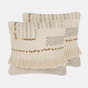 Conjunto de 2 almofadas decorativas VAYALI Algodão 45 x 45 cm Creme Às riscas