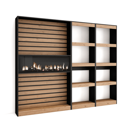 Estante, prateleira , Livraria, Prateleira livros, 230x25x186cm, Sala de estar - Escritório, Lareira eléctrica XXL, Estilo moderno, Carvalho e preto Estante, prateleira , Livraria, Prateleira livros, 230x25x186cm, Sala de estar - Escritório, Lareira eléctrica XXL, Estilo moderno, Carvalho e preto