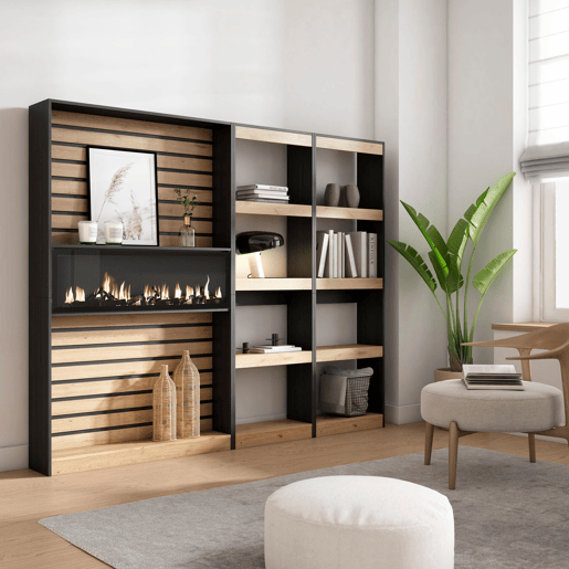 Estante, prateleira , Livraria, Prateleira livros, 230x25x186cm, Sala de estar - Escritório, Lareira eléctrica XXL, Estilo moderno, Carvalho e preto Estante, prateleira , Livraria, Prateleira livros, 230x25x186cm, Sala de estar - Escritório, Lareira eléctrica XXL, Estilo moderno, Carvalho e preto