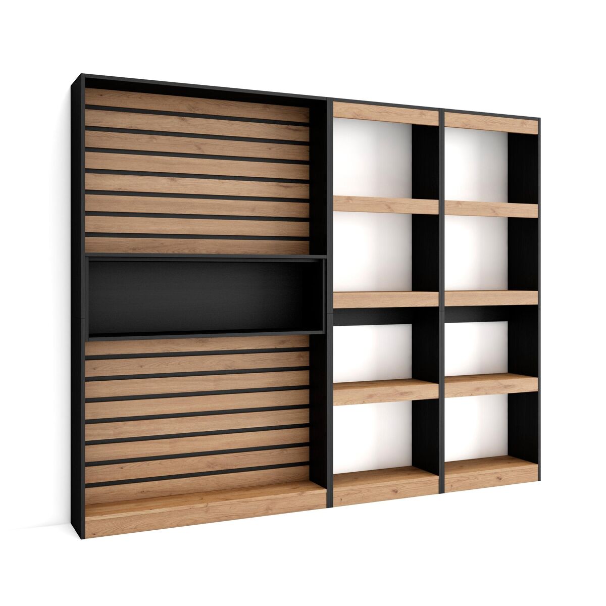 Librería estantería, estanteria libros de pared, 230x25x186cm, salón, comedor, oficina, con almacenaje, estilo moderno, roble y negro