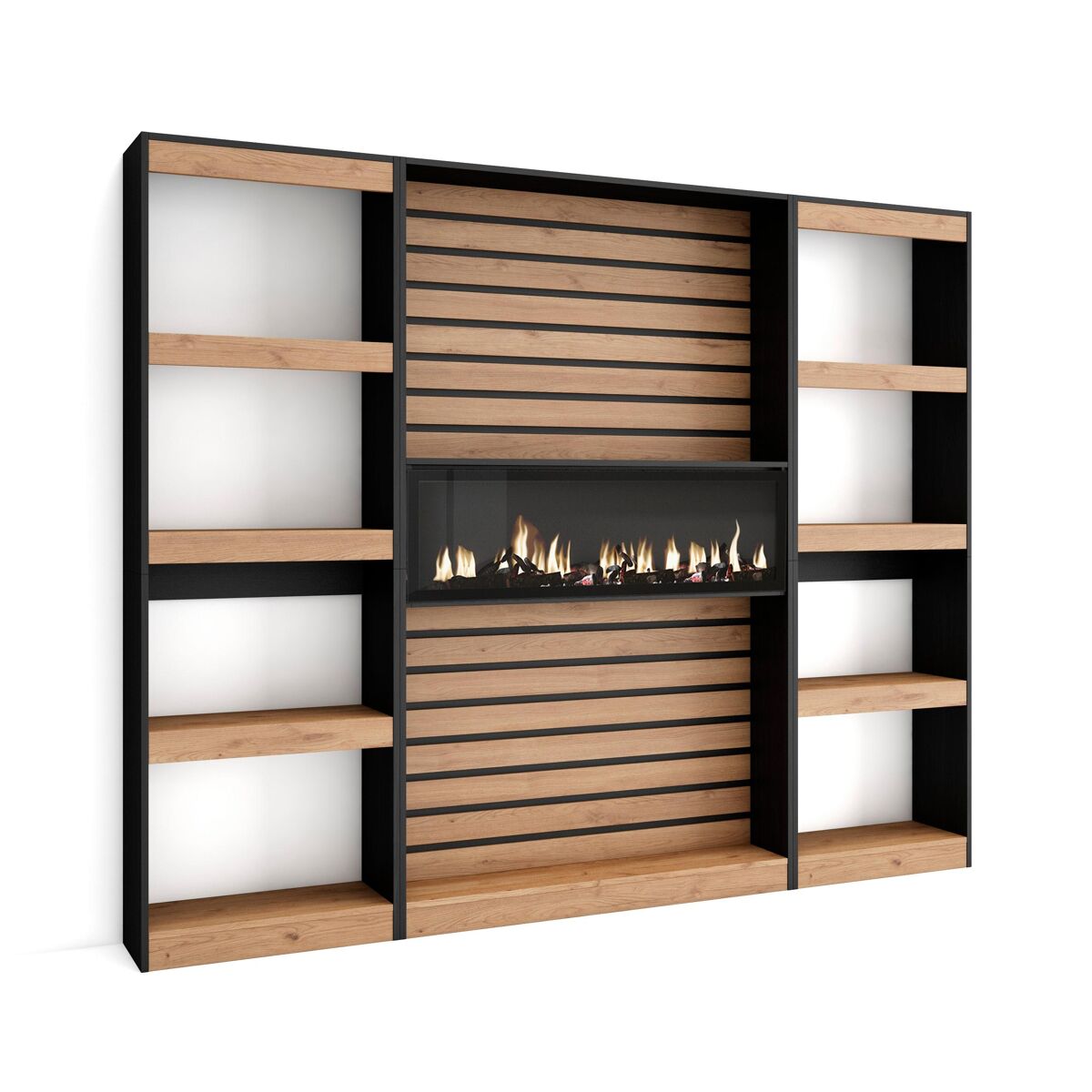 Librería estantería, estanteria libros de pared, 230x25x186cm, salón, comedor, oficina, chimenea eléctrica, estilo moderno, roble y negro