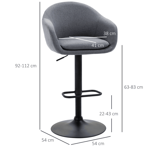 HOMCOM Banco Alto de Cozinha com Altura Ajustável Banco de Bar Estofado com Apoio para o Pés e Pés de Aço Carga Máxima 110 kg 54x54x92-112 cm Cinza Escuro