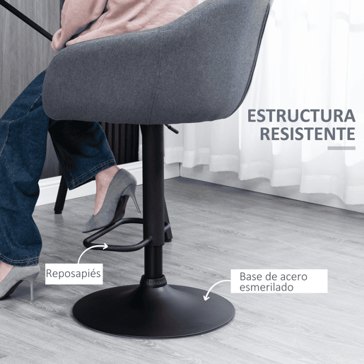 HOMCOM Banco Alto de Cozinha com Altura Ajustável Banco de Bar Estofado com Apoio para o Pés e Pés de Aço Carga Máxima 110 kg 54x54x92-112 cm Cinza Escuro
