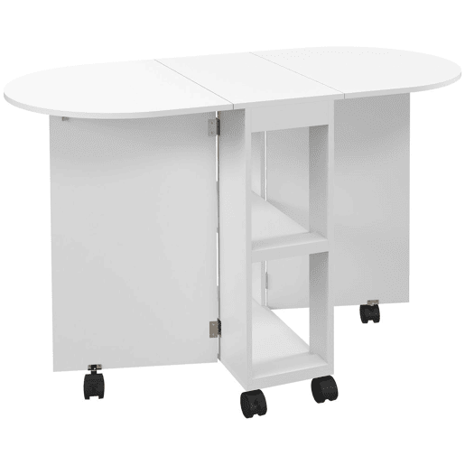 HOMCOM Mesa de Cozinha Dobrável com Rodas Mesa de Cozinha com Laterais Rebatíveis e 2 Prateleiras Abertas Estilo Moderno Carga 80 kg 120x60x77 cm Branco