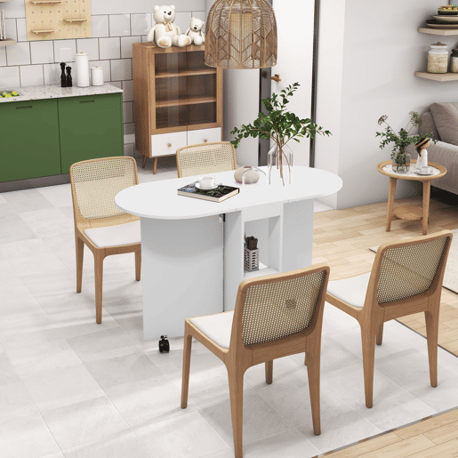 HOMCOM Mesa de Cozinha Dobrável com Rodas Mesa de Cozinha com Laterais Rebatíveis e 2 Prateleiras Abertas Estilo Moderno Carga 80 kg 120x60x77 cm Branco