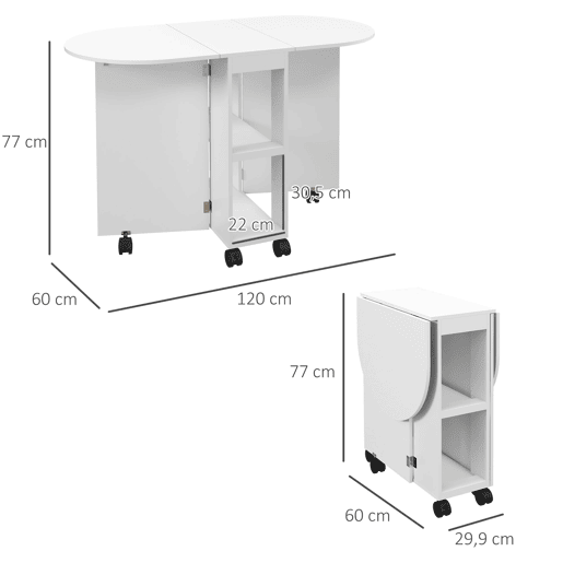 HOMCOM Mesa de Cozinha Dobrável com Rodas Mesa de Cozinha com Laterais Rebatíveis e 2 Prateleiras Abertas Estilo Moderno Carga 80 kg 120x60x77 cm Branco