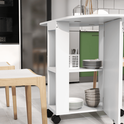 HOMCOM Mesa de Cozinha Dobrável com Rodas Mesa de Cozinha com Laterais Rebatíveis e 2 Prateleiras Abertas Estilo Moderno Carga 80 kg 120x60x77 cm Branco