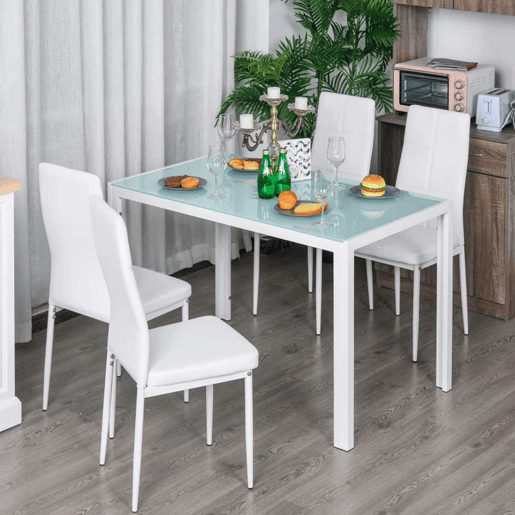 HOMCOM Conjunto de Refeição Mesa e 4 Cadeiras Conjunto de 5 Peças de Móveis de Cozinha Mesa Retangular de Vidro Temperado e Cadeiras Estofadas em PU com Pés de Metal Branco