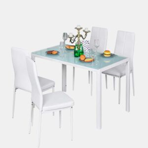 HOMCOM Conjunto de Refeição Mesa e 4 Cadeiras Conjunto de 5 Peças de Móveis de Cozinha Mesa Retangular de Vidro Temperado e Cadeiras Estofadas em PU com Pés de Metal Branco