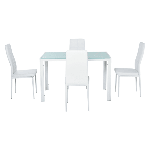 HOMCOM Conjunto de Refeição Mesa e 4 Cadeiras Conjunto de 5 Peças de Móveis de Cozinha Mesa Retangular de Vidro Temperado e Cadeiras Estofadas em PU com Pés de Metal Branco