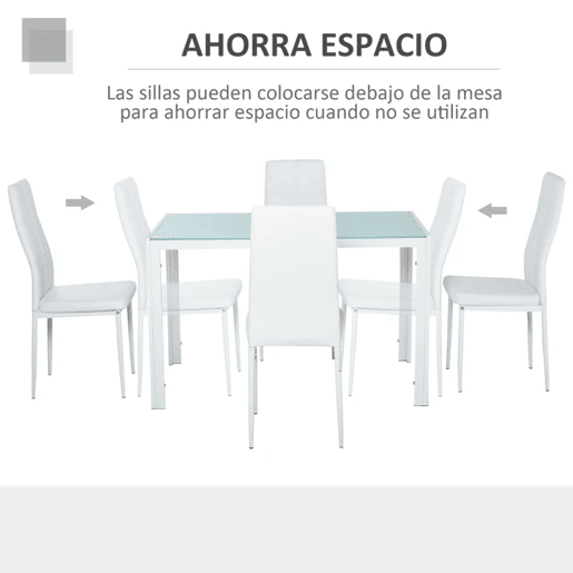HOMCOM Conjunto de Refeição Mesa e 4 Cadeiras Conjunto de 5 Peças de Móveis de Cozinha Mesa Retangular de Vidro Temperado e Cadeiras Estofadas em PU com Pés de Metal Branco
