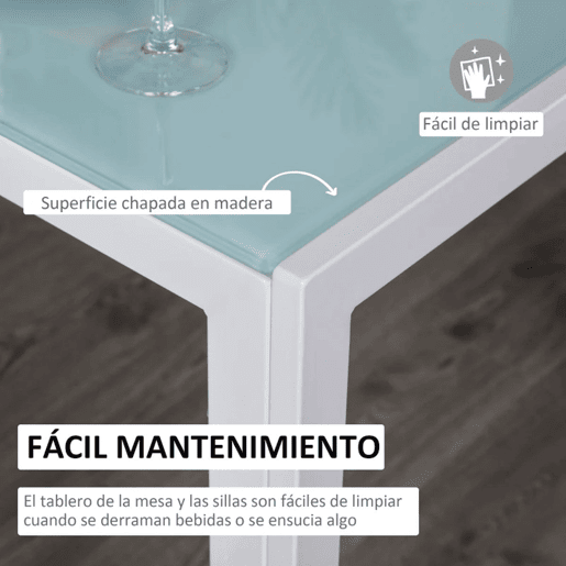 HOMCOM Conjunto de Refeição Mesa e 4 Cadeiras Conjunto de 5 Peças de Móveis de Cozinha Mesa Retangular de Vidro Temperado e Cadeiras Estofadas em PU com Pés de Metal Branco