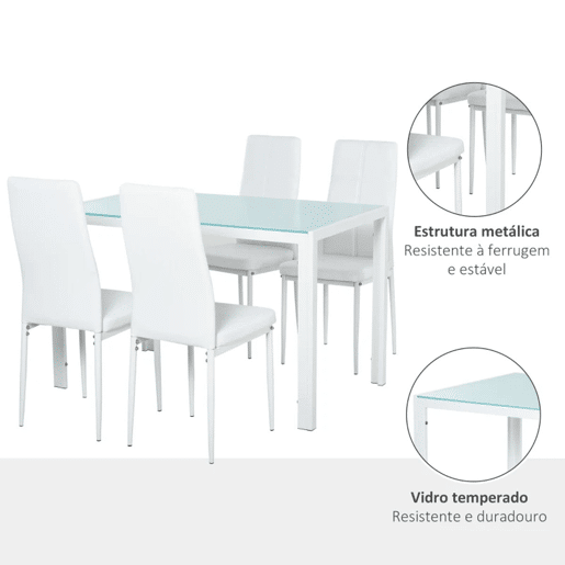 HOMCOM Conjunto de Refeição Mesa e 4 Cadeiras Conjunto de 5 Peças de Móveis de Cozinha Mesa Retangular de Vidro Temperado e Cadeiras Estofadas em PU com Pés de Metal Branco