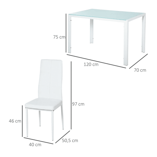 HOMCOM Conjunto de Refeição Mesa e 4 Cadeiras Conjunto de 5 Peças de Móveis de Cozinha Mesa Retangular de Vidro Temperado e Cadeiras Estofadas em PU com Pés de Metal Branco
