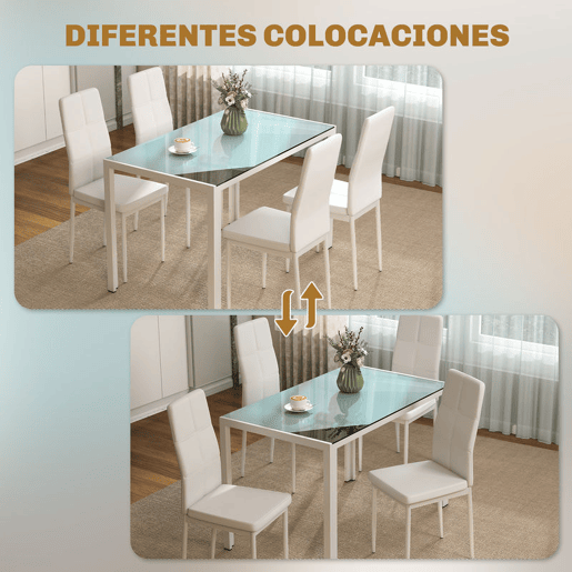 HOMCOM Conjunto de Refeição Mesa e 4 Cadeiras Conjunto de 5 Peças de Móveis de Cozinha Mesa Retangular de Vidro Temperado e Cadeiras Estofadas em PU com Pés de Metal Branco