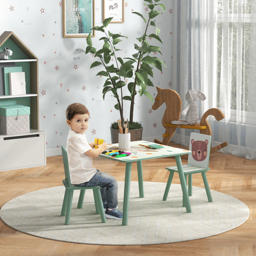 ZONEKIZ Conjunto de Mesa e Cadeiras para Crianças de 3 Peças Mesa Infantil com 2 Cadeiras Conjunto de Móveis para Atividades com Crianças de 3-8 Anos para Dormitório Sala de Jogos Verde