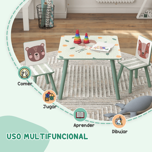 ZONEKIZ Conjunto de Mesa e Cadeiras para Crianças de 3 Peças Mesa Infantil com 2 Cadeiras Conjunto de Móveis para Atividades com Crianças de 3-8 Anos para Dormitório Sala de Jogos Verde