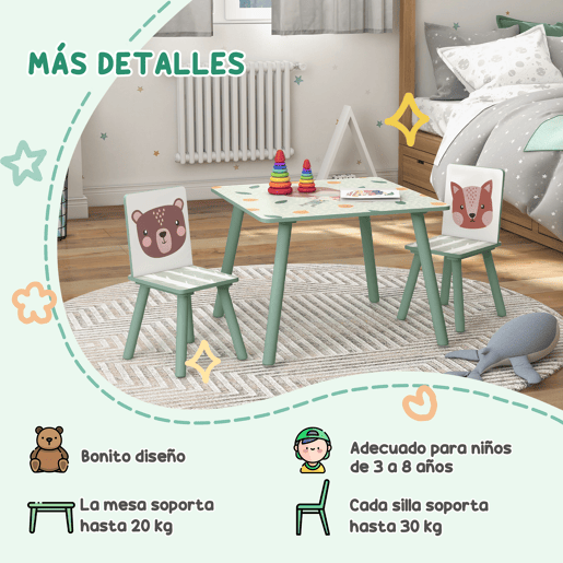 ZONEKIZ Conjunto de Mesa e Cadeiras para Crianças de 3 Peças Mesa Infantil com 2 Cadeiras Conjunto de Móveis para Atividades com Crianças de 3-8 Anos para Dormitório Sala de Jogos Verde