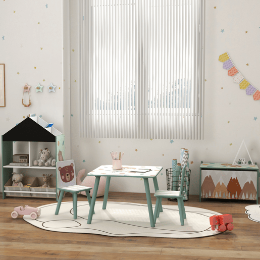 ZONEKIZ Conjunto de Mesa e Cadeiras para Crianças de 3 Peças Mesa Infantil com 2 Cadeiras Conjunto de Móveis para Atividades com Crianças de 3-8 Anos para Dormitório Sala de Jogos Verde
