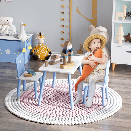 HOMCOM Conjunto de Mesa Infantil e 2 Cadeiras de Madeira Mesa com Cadeiras para Crianças de 2-4 Anos Mesa 60x40x43 cm e Cadeiras 28x26x48 cm para Dormitório Sala de Estar Branco e Azul