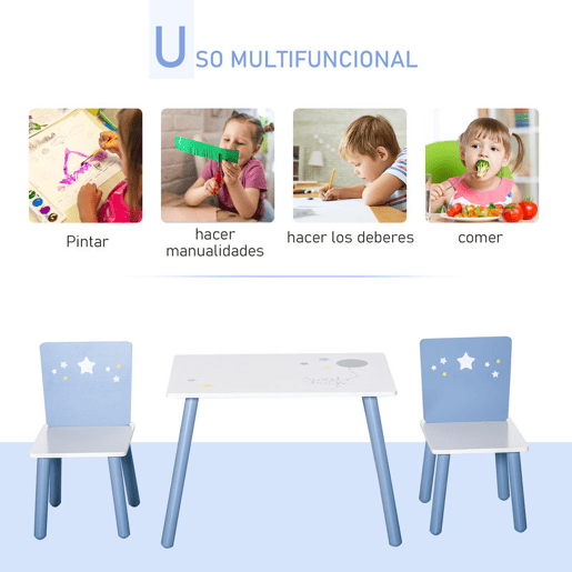 HOMCOM Conjunto de Mesa Infantil e 2 Cadeiras de Madeira Mesa com Cadeiras para Crianças de 2-4 Anos Mesa 60x40x43 cm e Cadeiras 28x26x48 cm para Dormitório Sala de Estar Branco e Azul