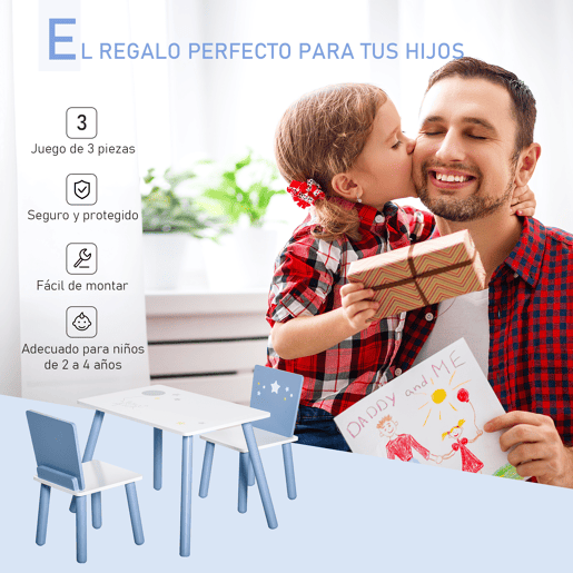 HOMCOM Conjunto de Mesa Infantil e 2 Cadeiras de Madeira Mesa com Cadeiras para Crianças de 2-4 Anos Mesa 60x40x43 cm e Cadeiras 28x26x48 cm para Dormitório Sala de Estar Branco e Azul