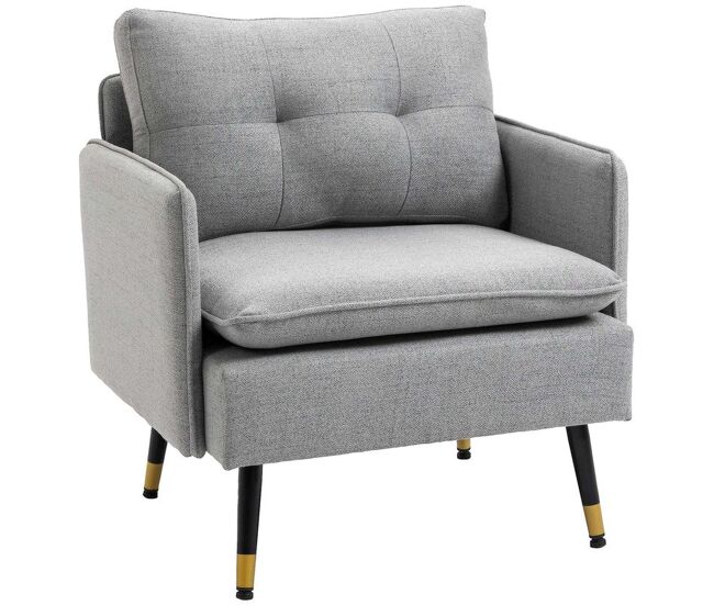 Homcom sillón de salón tapizado en lino butaca de salón 76 cm con cojines reposabrazos y patas de acero para dormitorio oficina carga 120 kg gris