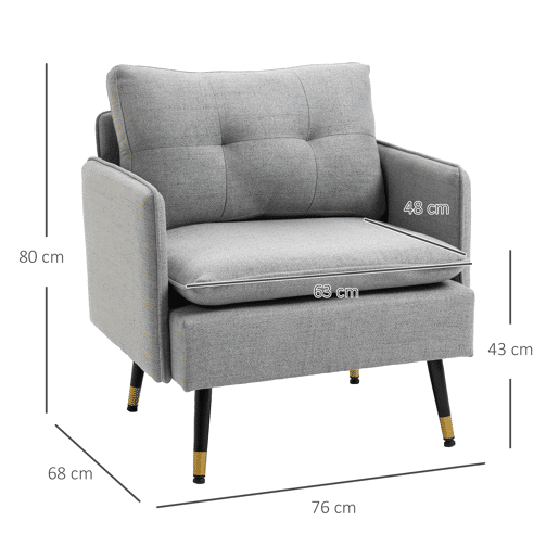 HOMCOM Poltrona Sala de Estar Poltrona Relax com Apoio para os Braços Assento Acolchoado e Pés de Aço Sofá Individual Moderno para Dormitório 76x68x80 cm Cinza