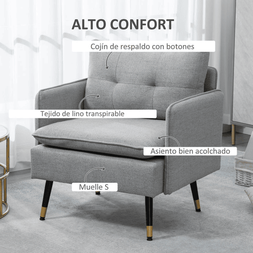 HOMCOM Poltrona Sala de Estar Poltrona Relax com Apoio para os Braços Assento Acolchoado e Pés de Aço Sofá Individual Moderno para Dormitório 76x68x80 cm Cinza