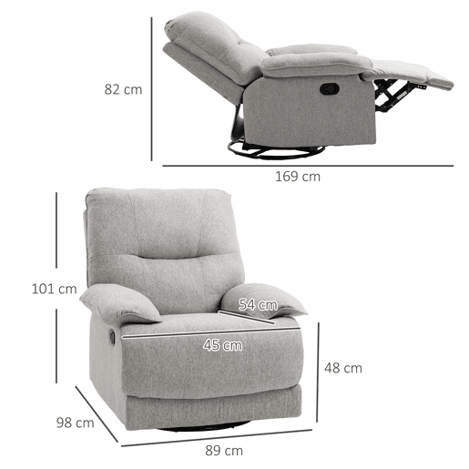 HOMCOM Poltrona Reclinável de Sala de Estar Poltrona Relax Reclinável Manual Estofado em Tecido com Apoio para os Pés Carga 160 kg para Pessoas entre 150-190 cm 89x98x101 cm Cinza